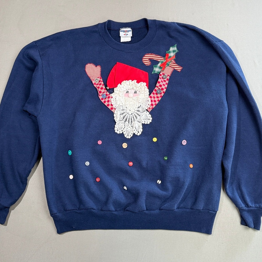 Vintage Jerzees 3D Santa Claus Applique Ugly Christmas Sweater Medium / Large‎